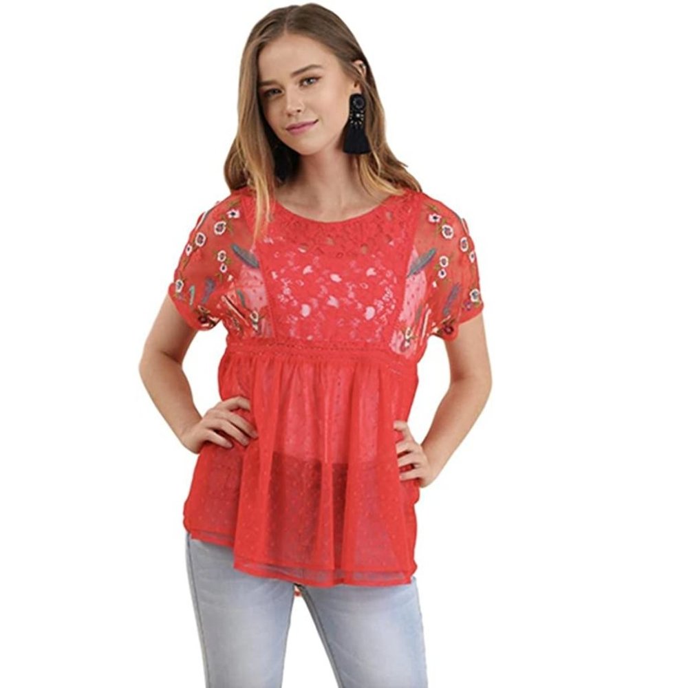 Umgee Polka Dot Babydoll Tunic with Crochet Lace